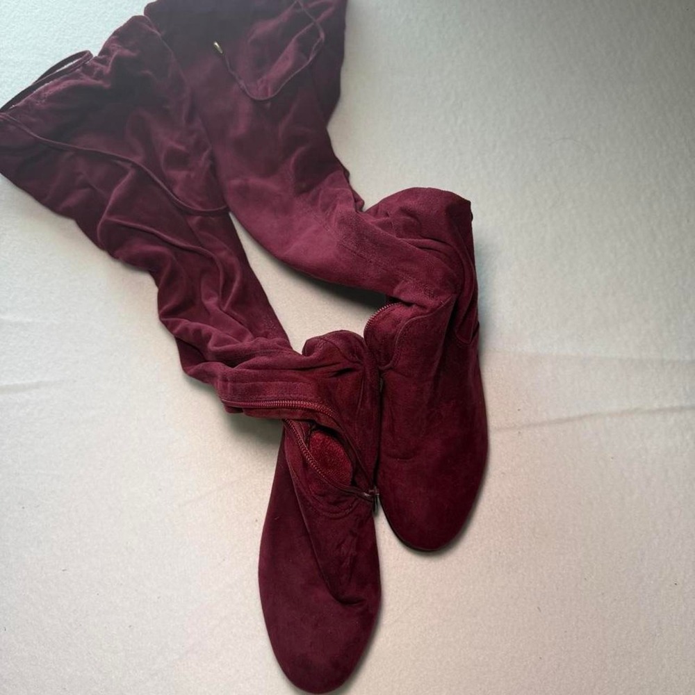 Womens Burgundy Faux Suede Over The Knee Boots Lace Up Detail Size 6.5